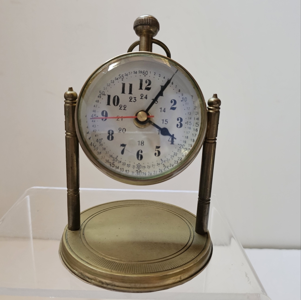 Brass Desk Swivel Clock Vintage Table Desk Top Bevel Cut Exclnt